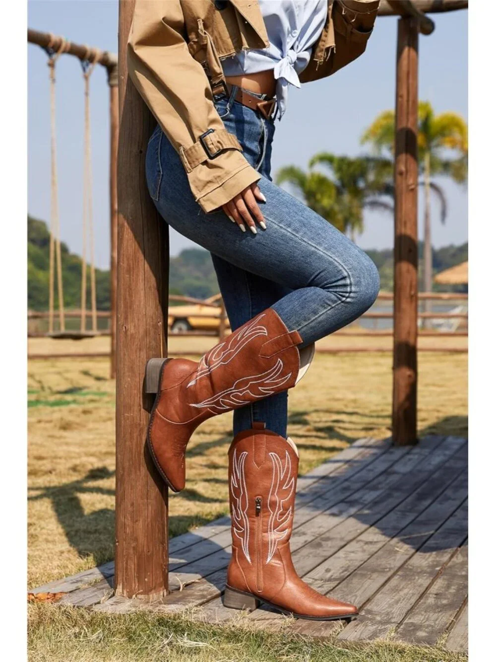 Women's Dark Brown Cowboy Mid Calf Side Zipper Chunky Heel Fashion Leather Boots
